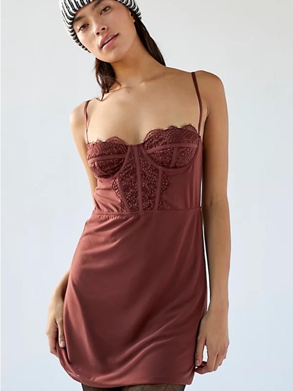 Urban Outfitters Rust-Brown Lace-Trim mini dress